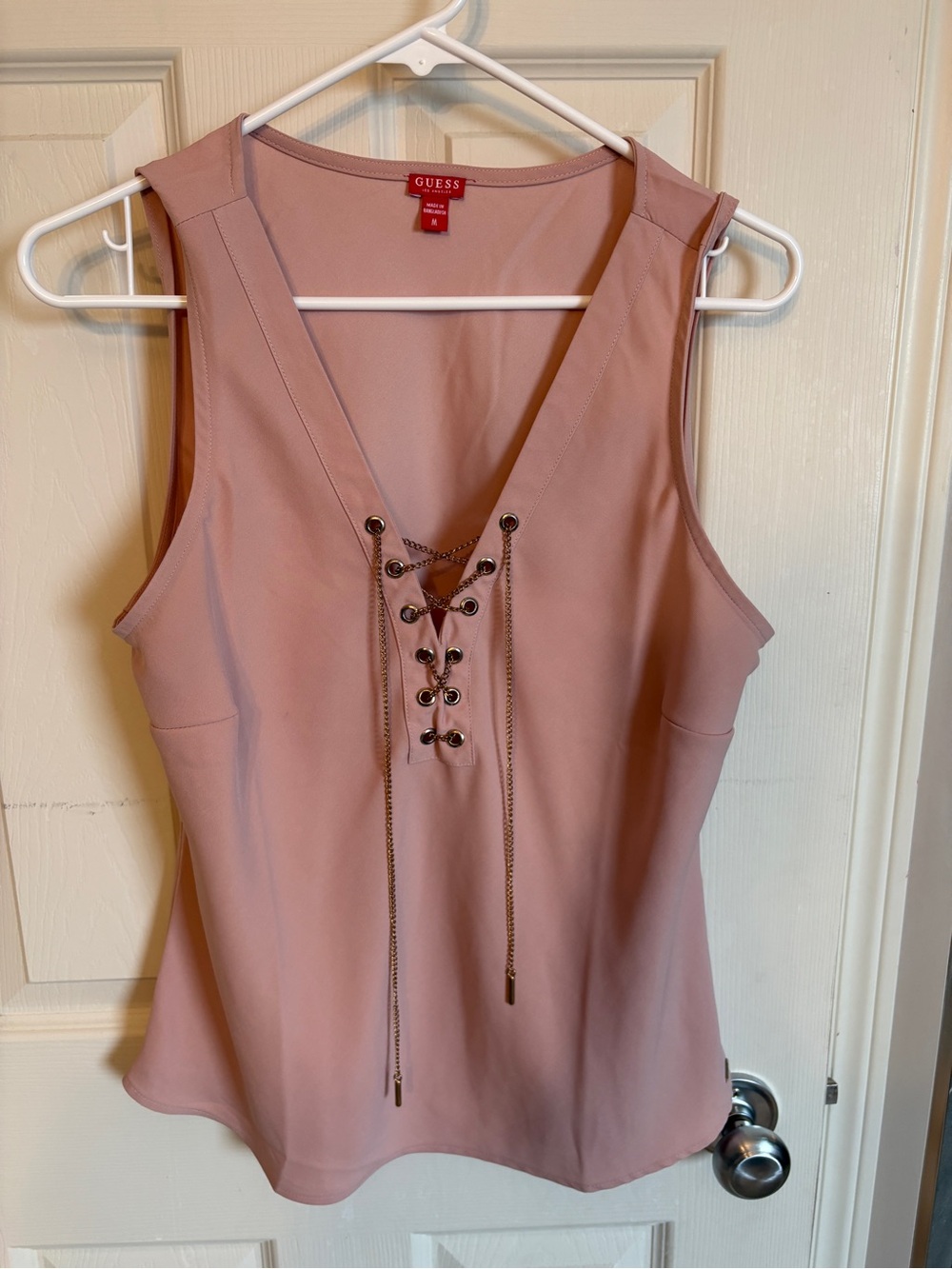 GUESS Women's Blush Pink Lace-Up V-Neck Tank- blouse.